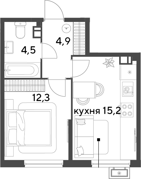 2-комн., 36.9 м², 6/9 этаж, ЖК «Парк Победы»
