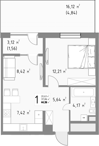 1-комн., 37.86 м², 3/9 этаж, ЖК «Коллекция»
