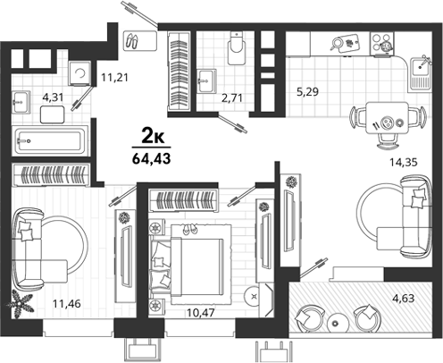 2-комн., 59.8 м², 16/18 этаж, ЖК «Родные Просторы»