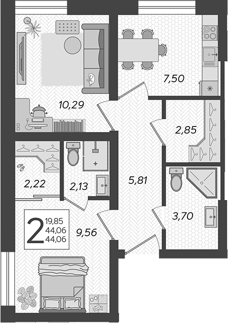 2-комн., 44.06 м², 1/19 этаж, ЖК «Кислород»