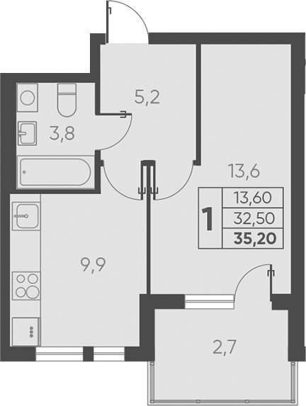 1-комн., 32.5 м², 10/15 этаж, ЖК «Барса»