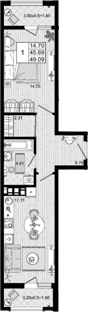 1-комн., 45.69 м², 2/8 этаж, ЖК «Резиденция морей»