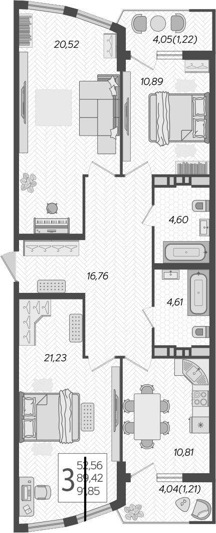 3-комн., 89.42 м², 13/21 этаж, ЖК «Режиссер»