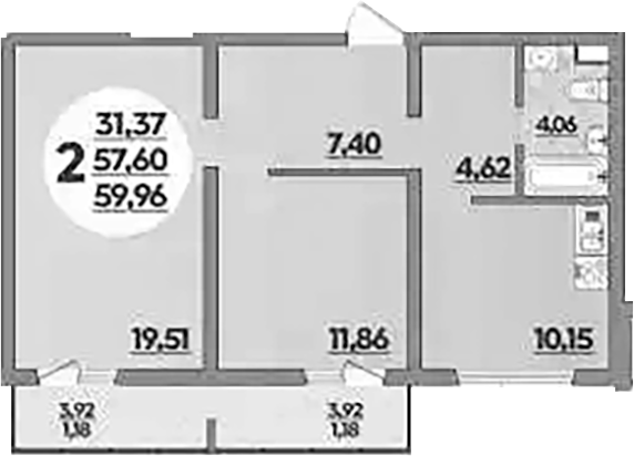 2-комн., 57.6 м², 1/9 этаж, ЖК «Предгорье Лаго-Наки»