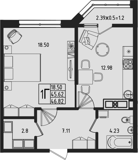 Продается 1-комн. квартира, 45.62 м²