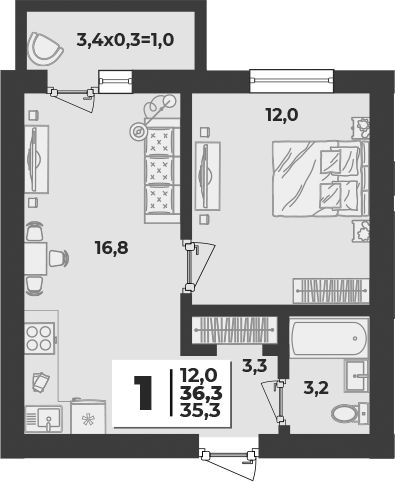 1-комн., 35.3 м², 4/5 этаж, ЖК «Дарград»