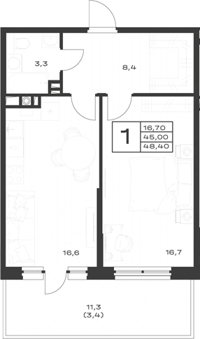 1-комн., 45.8 м², 1/4 этаж, ЖК «ЭкоСфера. ГК Во-первых»