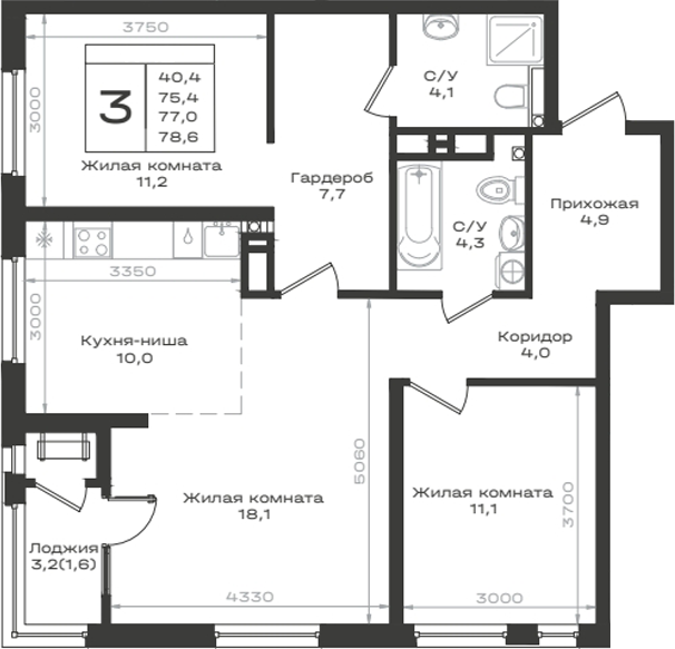 3-комн., 75.4 м², 9/14 этаж, ЖК «Нагория»