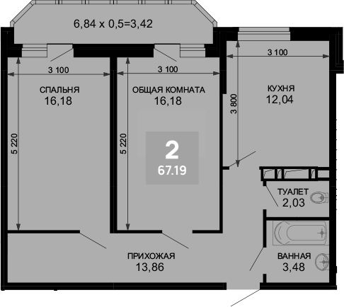 Продается 2-комн. квартира, 63.77 м²