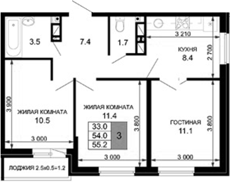 3-комн., 54 м², 16/16 этаж, ЖК «Дыхание»