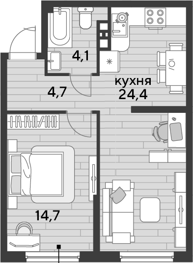 1-комн., 47.9 м², 3/16 этаж, ЖК «DОГМА ПАРК»