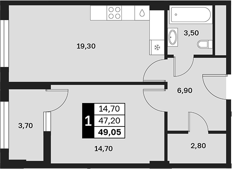 1-комн., 47.2 м², 11/15 этаж, ЖК «Аксис Патриот»