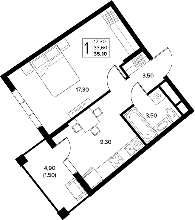 1-комн., 33.6 м², 3/8 этаж, ЖК «Кипарис»