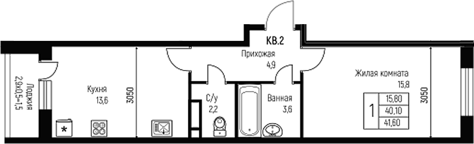1-комн., 40.1 м², 2/3 этаж, ЖК «Nova Vita»
