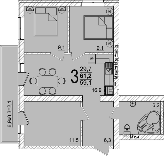 Продается 3-комн. квартира, 59.1 м²
