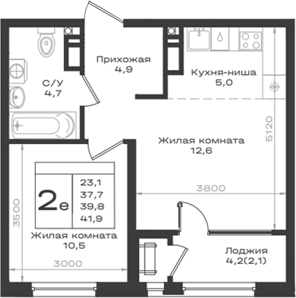 2-комн., 37.7 м², 3/12 этаж, ЖК «Нагория»