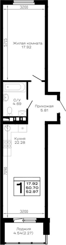 Продается 1-комн. квартира, 50.7 м²