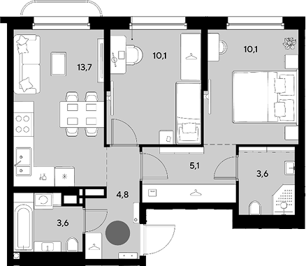 2-комн., 51 м², 9/16 этаж, ЖК «Грейд»