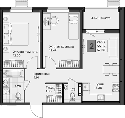 2-комн., 55.32 м², 4/8 этаж, ЖК «МОНО квартал»