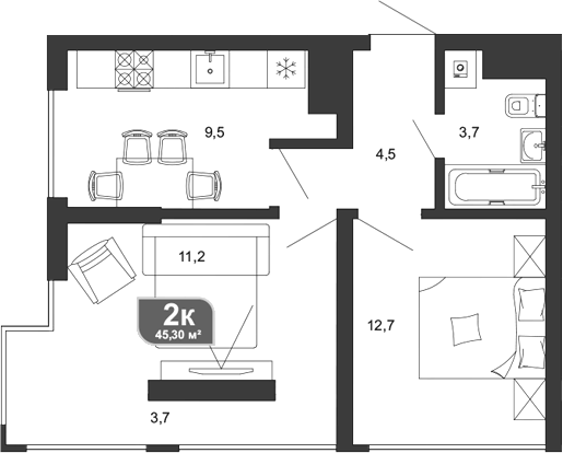2-комн., 41.6 м², 12/19 этаж, ЖК «Сочи Парк»