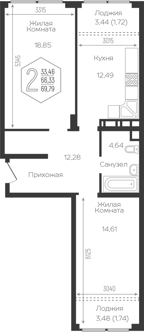 2-комн., 62.87 м², 6/24 этаж, ЖК «Гарантия PRIME»