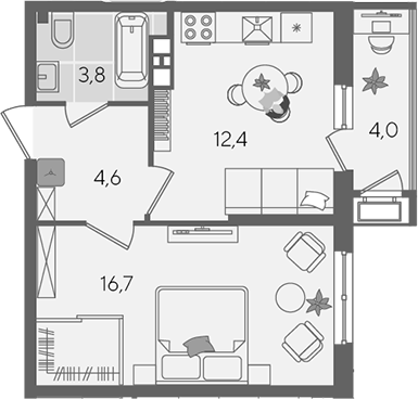 1-комн., 37.5 м², 3/24 этаж, ЖК «Рекорд»