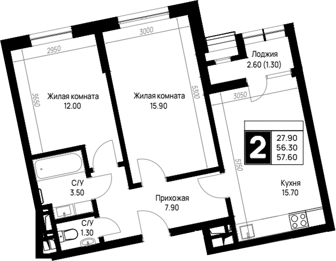2-комн., 56.3 м², 8/9 этаж, ЖК «На высоком берегу»