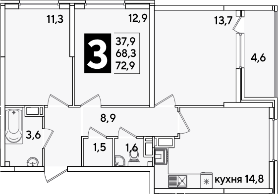 3-комн., 68.3 м², 15/16 этаж, ЖК «Самолет»