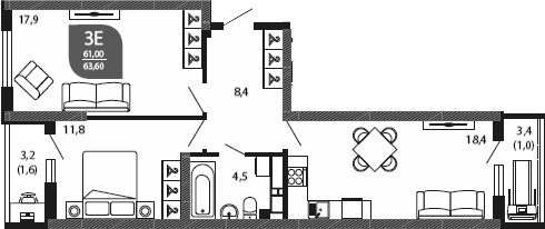3-комн., 61 м², 23/23 этаж, ЖК «Облака»