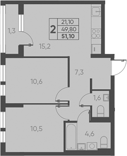 3-комн., 49.8 м², 10/15 этаж, ЖК «Барса»