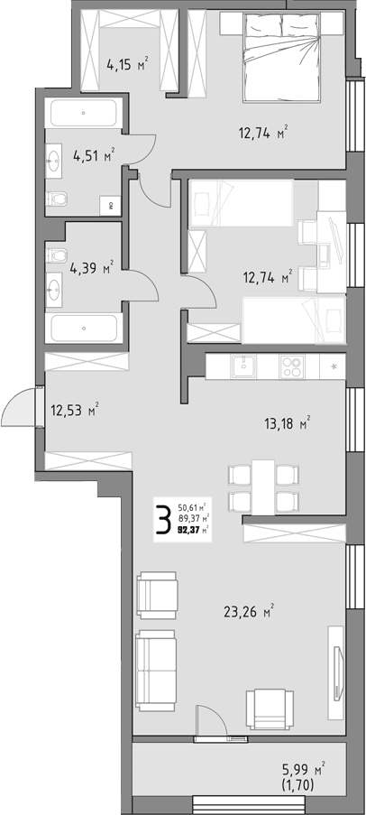 3-комн., 90.57 м², 3/9 этаж, ЖК «Коллекция»