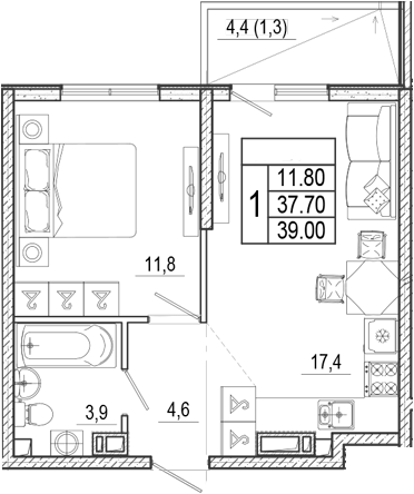 2-комн., 37.7 м², 6/15 этаж, ЖК «Лестория»