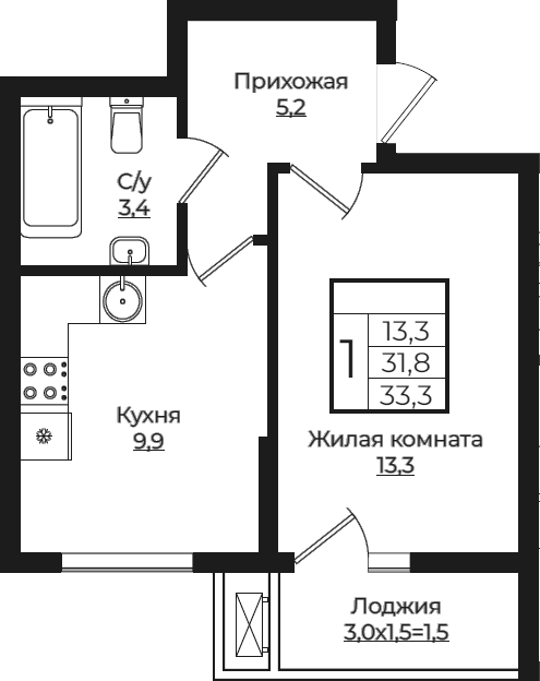 1-комн., 31.8 м², 7/7 этаж, ЖК «Европа-Сити»
