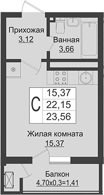 Студия, 22.15 м², 7/16 этаж, ЖК «Зеленый театр»