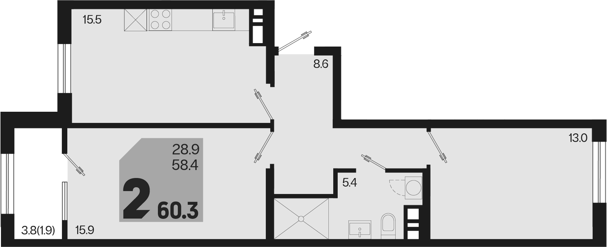 3-комн., 58.4 м², 5/9 этаж, ЖК «Первое место»