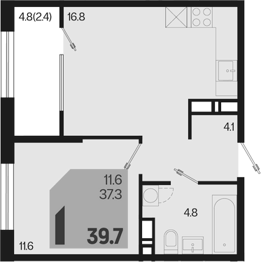 2-комн., 37.3 м², 17/18 этаж, ЖК «Первое место»