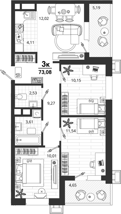 3-комн., 63.24 м², 6/18 этаж, ЖК «Родные Просторы»