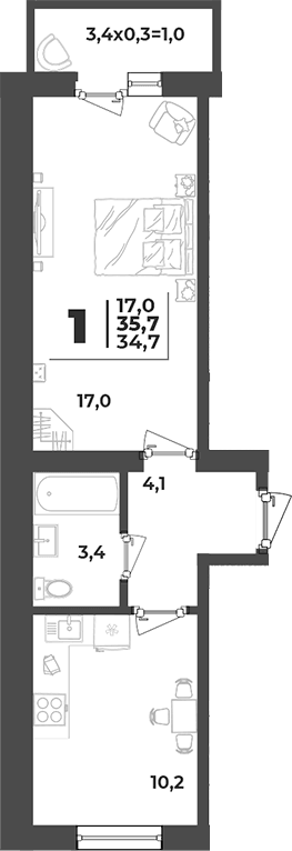 1-комн., 34.7 м², 4/5 этаж, ЖК «Дарград»