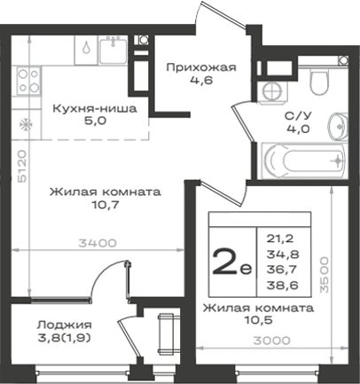1-комн., 34.8 м², 8/12 этаж, ЖК «Нагория»