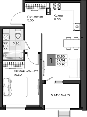 1-комн., 37.54 м², 4/8 этаж, ЖК «МОНО квартал»