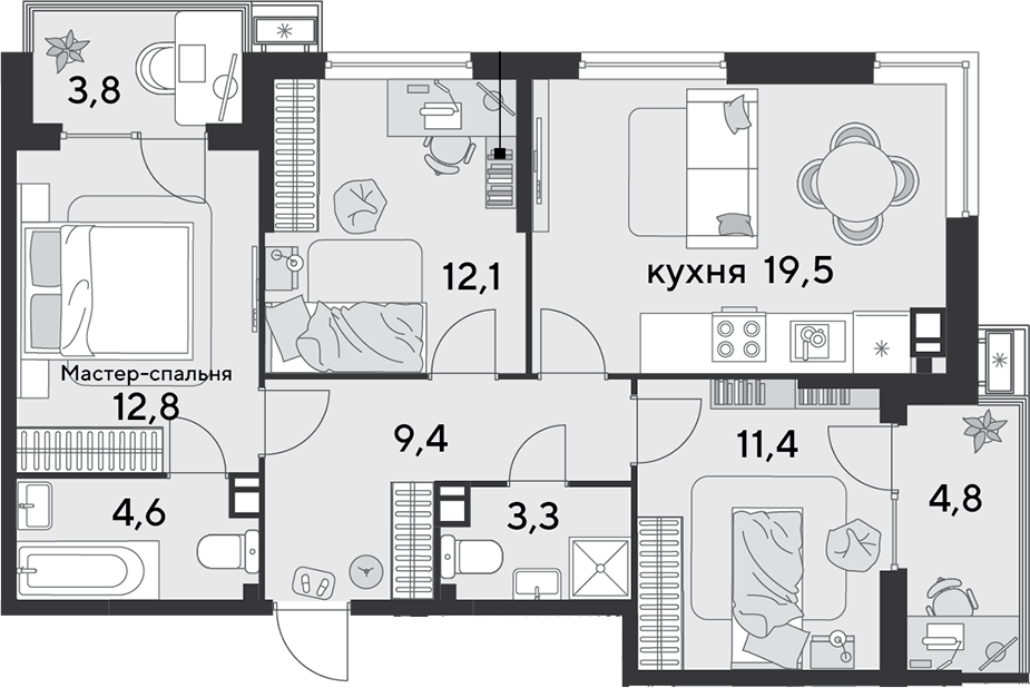 4+ комнаты, 73.1 м², 4/9 этаж, ЖК «Парк Победы»