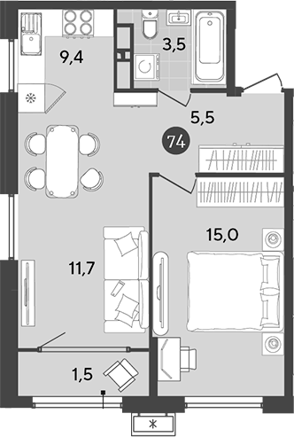 2-комн., 45.1 м², 12/18 этаж, ЖК «Порто-Ново»