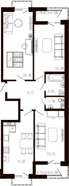 3-комн., 84.14 м², 4/9 этаж, ЖК «Суворов»