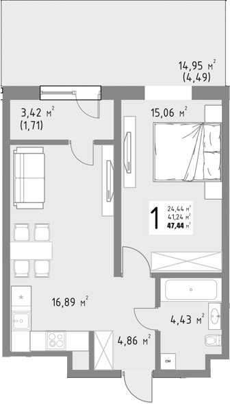 Продается 1-комн. квартира, 41.24 м²