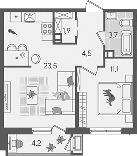 2-комн., 44.7 м², 10/24 этаж, ЖК «Рекорд»