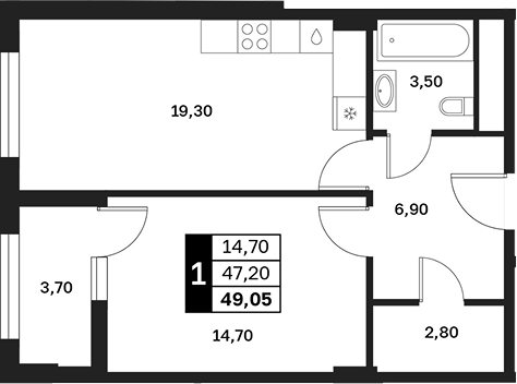 1-комн., 47.2 м², 13/15 этаж, ЖК «Аксис Патриот»