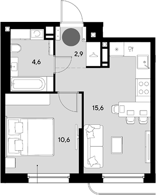 2-комн., 33.7 м², 12/18 этаж, ЖК «Грейд»
