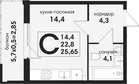 Студия, 22.8 м², 1/4 этаж, ЖК «Новая Елизаветка»