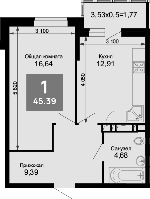 1-комн., 43.62 м², 6/15 этаж, ЖК «Лучший»