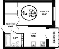 1-комн., 34.68 м², 3/24 этаж, ЖК «Гулливер»